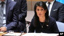 美國駐聯合國大使黑利2017年9月4日在聯合國總部就北韓問題在聯合國安理會的緊急會議上發言