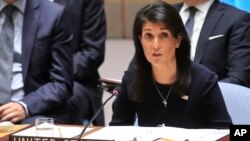 United Nations U.S. Ambassador Nikki Haley addresses a U.N. Security Council meeting on North Korea, Sept. 4, 2017 at U.N. headquarters.