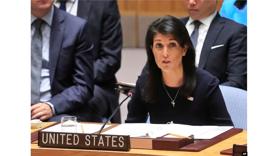United Nations U.S. Ambassador Nikki Haley addresses a U.N. Security Council meeting on North Korea, Sept. 4, 2017 at U.N. headquarters.