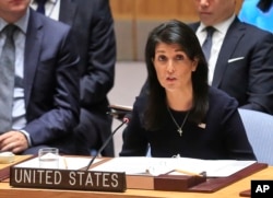 FILE - United Nations U.S. Ambassador Nikki Haley addresses a U.N. Security Council meeting on North Korea, Sept. 4, 2017, at U.N. headquarters. Despite no previous foreign policy experience, Haley is seen as a prominent and forceful voice in the world body.