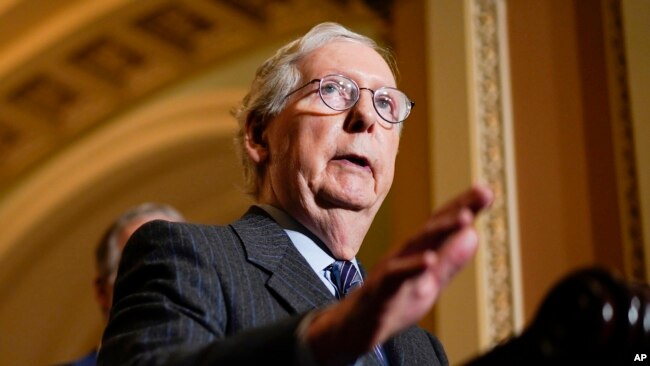 Senate Minority Leader Mitch McConnell, R-Ky., speaks during a news conference on Capitol Hill in Washington, Dec. 7, 2021.