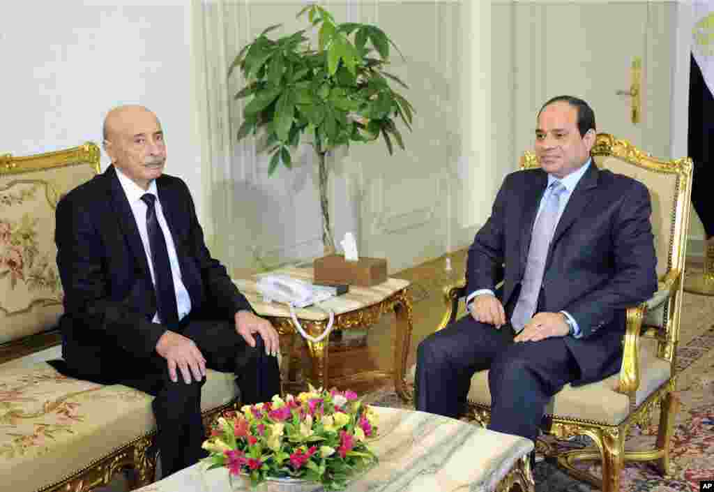 Speaker of the Libyan Parliament Ageila Saleh Eissa (left) meets Egyptian President Abdel-Fattah el-Sissi at the presidential palace in Cairo, Aug. 26, 2014.