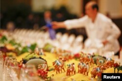 The table is prepared for heads of states at the Great Hall of the People during the Belt and Road Forum in Beijing, China May 14, 2017.