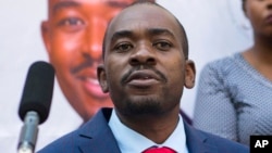 FILE - In this photo dated Aug. 3, 2018, opposition leader Nelson Chamisa gives a press conference in Harare, Zimbabwe.