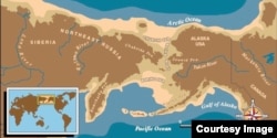 Map of eastern Russian and Alaska with a light brown boarder depicting Beringia, where archaeolosits believe ancient Americans crossed from Siberia into Alaska around 13,000 years ago. Courtesy, U.S. National Park Service.