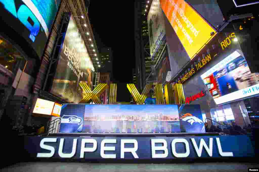 The numerals for the the game are seen at an opening ceremony for 'Super Bowl Boulevard' along Broadway as preparations continue for Super Bowl XLVIII in New York, Jan. 29, 2014. 