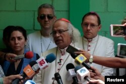   Catholic Cardinal Leopoldo Brenes speaks at a press conference at the Metropolitan Cathedral of Managua, Nicaragua on July 14, 2018. REUTERS / Oswaldo Rivas. 