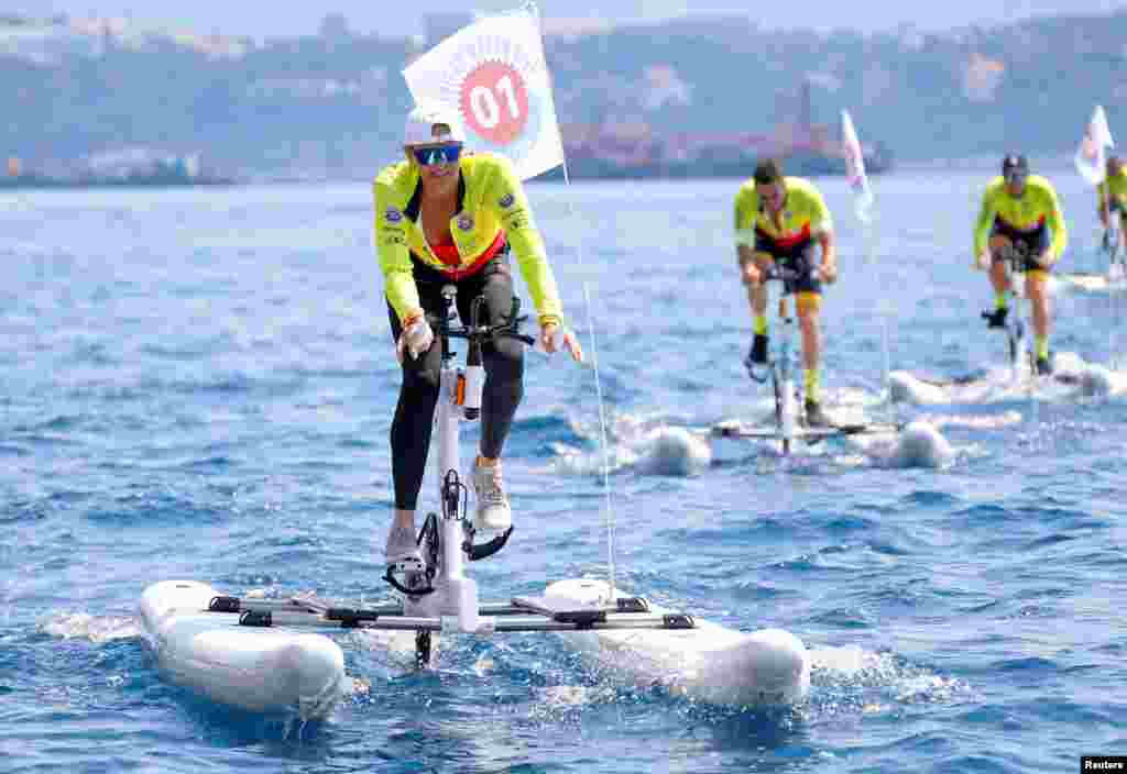 Princess Charlene of Monaco competes in the Riviera Water Bike Challenge in support of the Princess Charlene foundation in Monaco.