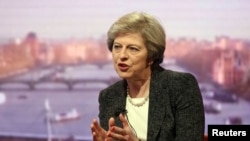 Britain's Prime Minister Theresa May speaks on the BBC's "The Andrew Marr Show" in London, Jan. 22, 2017. In response to a British lawmaker, May said of her country, "We do not sanction torture, we do not get involved with that, and that will continue to be our position."