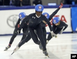 Maame Biney competes in the 500-meter U.S. Olympic short track speedskating trials, Dec. 16, 2017, in Kearns, Utah.