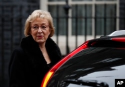 FILE - Andrea Leadsom, leader of the House of Commons, leaves after attending a cabinet meeting at 10 Downing Street, in London, Dec. 18, 2018.