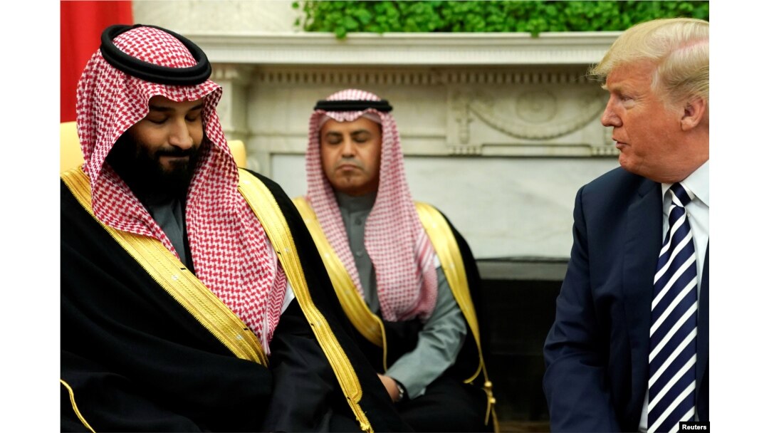 U.S. President Donald Trump delivers remarks as he welcomes Saudi Arabia's Crown Prince Mohammed bin Salman in the Oval Office at the White House in Washington, March 20, 2018.