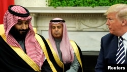 U.S. President Donald Trump delivers remarks as he welcomes Saudi Arabia's Crown Prince Mohammed bin Salman in the Oval Office at the White House in Washington, March 20, 2018.