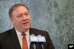 FILE - U.S. Secretary of State Mike Pompeo speaks to reporters at United Nations headquarters, in New York, July 20, 2018.