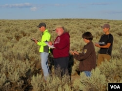 BSU master's student Mitchell Levenhagan (back row) directs study volunteers to listen for recorded bird songs amidst noisy background sound. (VOA/T. Banse)