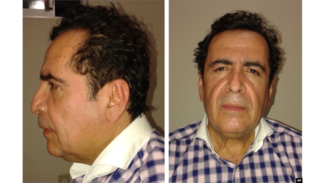 This two-image composite released by Mexico's Attorney General's Office (PGR) Oct. 1, 2014, shows alleged cartel capo Hector Beltran Leyva after his arrest by Mexican law enforcement authorities.