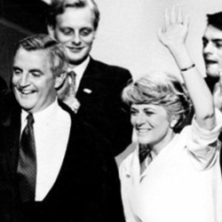 Democratic presidential nominee Walter Mondale and his running mate Geraldine Ferraro on July 19, 1984, at the end of the Democratic National Convention in San Francisco