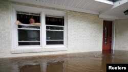Obrad Gavrilovic peers out the window of his flooded home while considering whether to leave with his wife and pets, as waters rise in Bolivia, N.C., Sept. 15, 2018. 