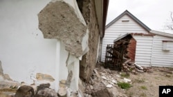 The walls of a historic church are damaged in Waiau after a earthquake in Waiau, New Zealand, Nov. 14, 2016. 