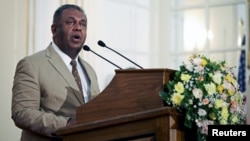 FILE - Sri Lankan Foreign Minister Mangala Samaraweera speaks during a news conference at the Ministry of Foreign Affairs in Colombo, Sri Lanka, May 2015.