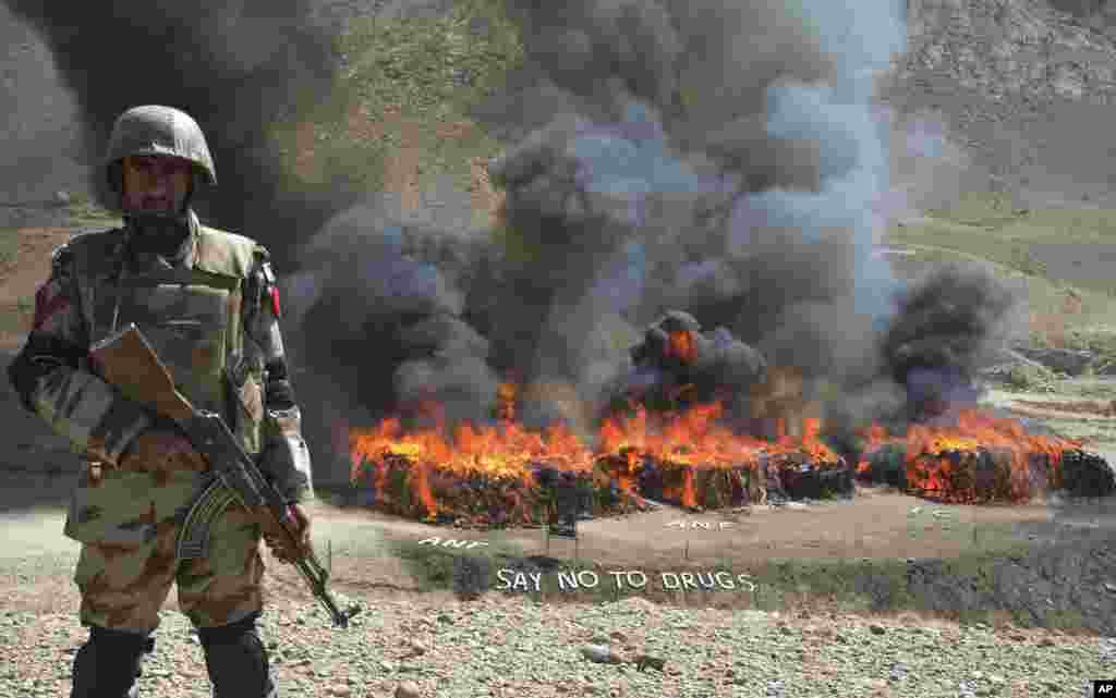 A Pakistani security official from the Anti-Narcotic Control Forces stands guard while burning piles of seized drugs and liquor, in Quetta, Pakistan.