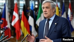 European Parliament President Antonio Tajani speaks to the media as he arrives at the European Union leaders summit in Brussels, Belgium, Oct. 18, 2018.