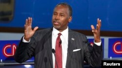 FILE - Presidential candidate Ben Carson speaks during the second official Republican candidates debate, Sept. 16, 2015. 