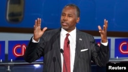 FILE - Republican U.S. presidential candidate Ben Carson is seen speaking during the second Republican presidential candidates debate, Sept. 16, 2015.