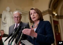 House Democratic Leader Nancy Pelosi of California, and Senate Democratic Leader Chuck Schumer of New York speak to reporters on Capitol Hill in Washington, March 13, 2017. Both Pelosi and Schumer have insisted Nunes not be part of any Russia investigation.