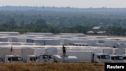 A Russian convoy of trucks said to be carrying humanitarian aid for eastern Ukraine is seen parked near Kamensk-Shakhtinsky, Rostov Region, August 14, 2014.