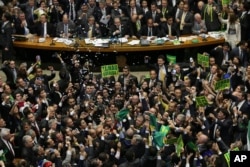 Các nhà lập pháp đối lập ăn mừng sau khi Hạ viện bỏ phiếu buộc tội Tổng thống Brazil Dilma Rousseff, ngày 17 tháng 4 năm 2016.