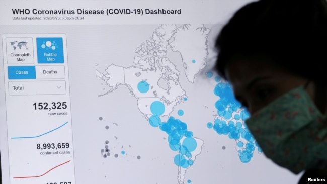 FILE - An employee from Sao Paulo state government works near a screen showing World Health Organization (WHO) dashboard about the coronavirus disease (COVID-19) outbreak around the world in Sao Paulo, Brazil, June 23, 2020. (REUTERS/Amanda Perobelli/File Photo)