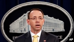 Deputy Attorney General Rod Rosenstein, speaks to the media with an announcement that the office of special counsel Robert Mueller says a grand jury has charged 13 Russian nationals and several Russian entities, Feb. 16, 2018, in Washington. (AP Photo/Jacquelyn Martin)