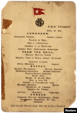 The last first-class luncheon menu from the ill-fated luxury cruise liner, the Titanic, dated Aug. 14, 1912, is seen in this undated handout image courtesy of Lion Heart Autographs.