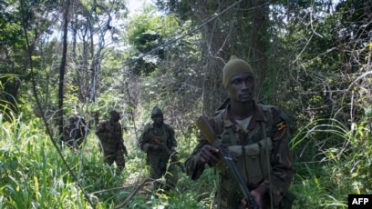 FILE - Soldiers of the Uganda People's Defence Force (UPDF) patrol in the jungle in the Central African Republic as they look for Lord's Resistance Army (LRA) fighters.