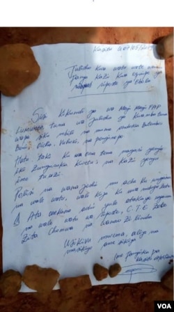 A letter warns against collaborating with Ebola responders or treatment centers in the Democratic Republic of Congo. Copies of the letter, allegedly written by a Mai-Mai fighter, appeared on the street in Butembo and in other communities in the region.