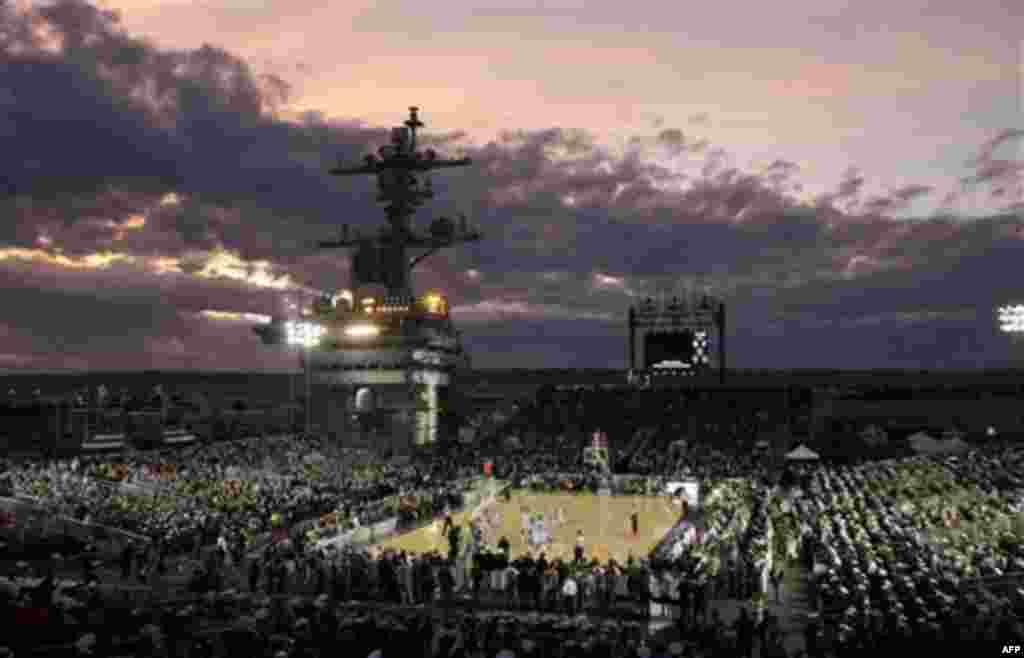 North Carolina plays Michigan State in the first half of the Carrier Classic NCAA college basketball game on the flight deck aboard the USS Carl Vinson, Friday, Nov. 11, 2011, in Coronado, Calif. (AP Photo/Gregory Bull)