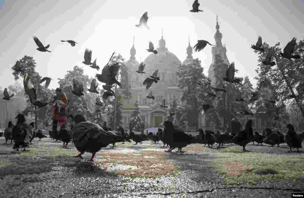 A woman feeds pigeons in front of an Orthodox cathedral on a sunny day in Almaty, Kazakhstan.