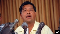 FILE - United Farm Workers labor leader Cesar Chavez speaks during a news conference, May 24, 1968. The location is not known.