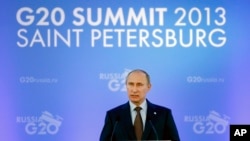 Russia's President Vladimir Putin speaks during a media conference after a G20 summit in St. Petersburg, Russia on Sept. 6, 2013.