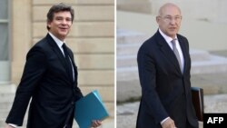 A combination of files pictures made on April 2, 2014 of French minister for Industrial Renewal Arnaud Montebourg in Paris and French Labor Employment and Social Dialogue Michel Sapin.