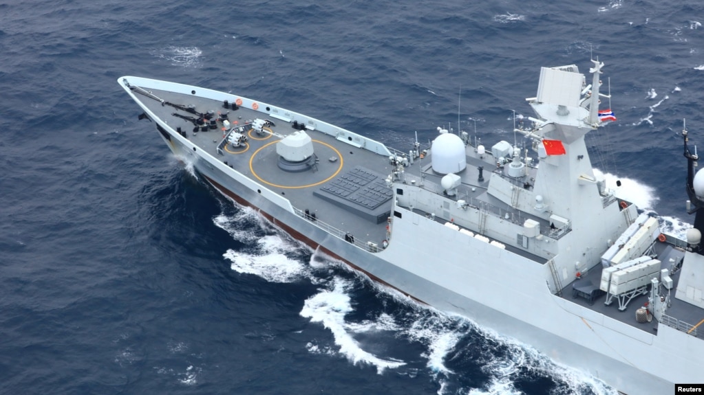 中国海军岳阳号导弹护卫舰在广东汕尾海域参加中国与泰国的联合军演。（2019年5月6日）(photo:VOA)