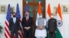 အိန္ဒိယနိုင်ငံ New Delhi မြို့မှာ အမေရိကန်နိုင်ငံခြားရေးဝန်ကြီး Mike Pompeo နဲ့ အိန္ဒိယခေါင်းဆောင်တွေ တွေ့ဆုံတဲ့ မြင်ကွင်း။ (အောက်တိုဘာ ၂၇၊ ၂၀၂၀)