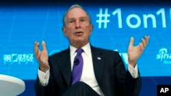 FILE - Former New York City mayor and founder of the global finances services and media company Bloomberg L.P. Michael Bloomberg speaks at World Bank/IMF Spring Meetings, in Washington, April 19, 2018.