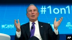 FILE - Former New York City mayor and founder of the global finances services and media company Bloomberg L.P. Michael Bloomberg speaks at World Bank/IMF Spring Meetings, in Washington, April 19, 2018.