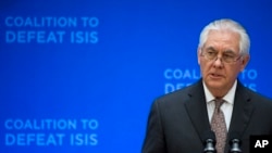 Secretary of State Rex Tillerson speaks at the Meeting of the Ministers of the Global Coalition on the Defeat of ISIS, March 22, 2017, at the State Department in Washington.