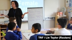 Primary school children learn about female genital mutilation at Norbury School, Harrow, in London, April 25, 2018. 