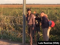 Refugees at Hungary's newly fortified razor wire fence on Serbian border