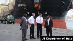 From left to right: Tanzania Ports Authority Manager Awadh Massawe, World Bank Country Director for Tanzania Phillipe Dongier, Treasury Secretary Jacob Lew; TradeMark East Africa Country Director Dr. Josaphat Kweka. (October 28, 2014 U.S. Treasury Photo)