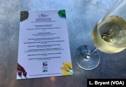 A menu explains what is being served at a "Future 50 Foods" lunch at the Pompidou Center in Paris.